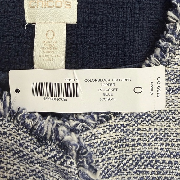 CHICO'S Tweed Longline Frayed Jacket Navy Blue Colorblock Size 0 (US 4/6 Small) - Picture 3 of 16